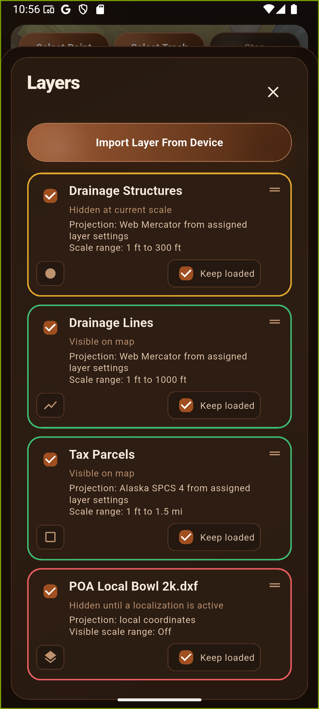Map layers screen showing layer visibility and status
