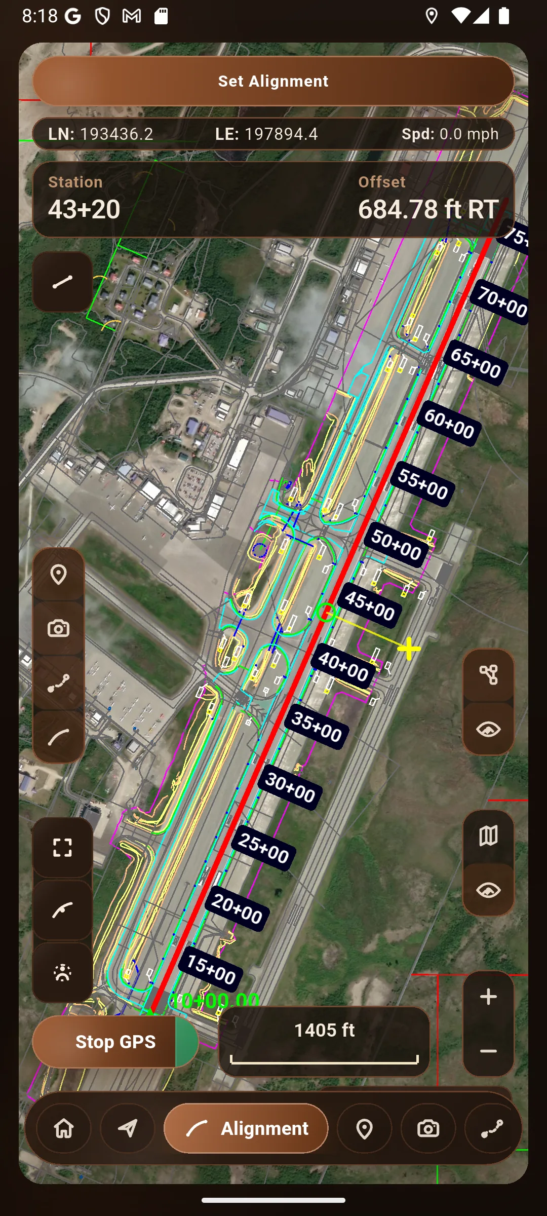 Alignment map with station, offset, and field context