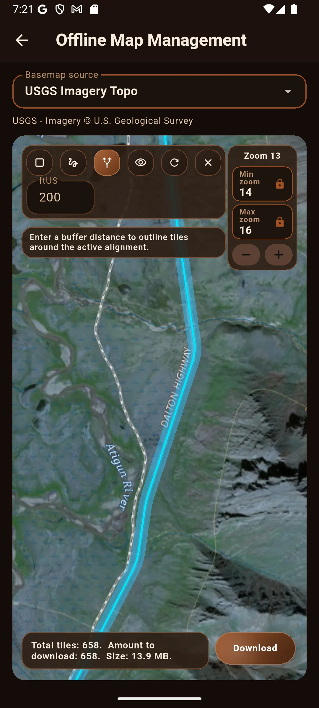 Offline map download area along an alignment corridor