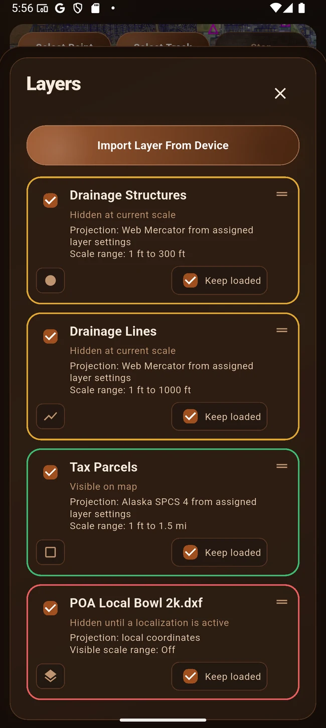 Layers page with colored layer status cards