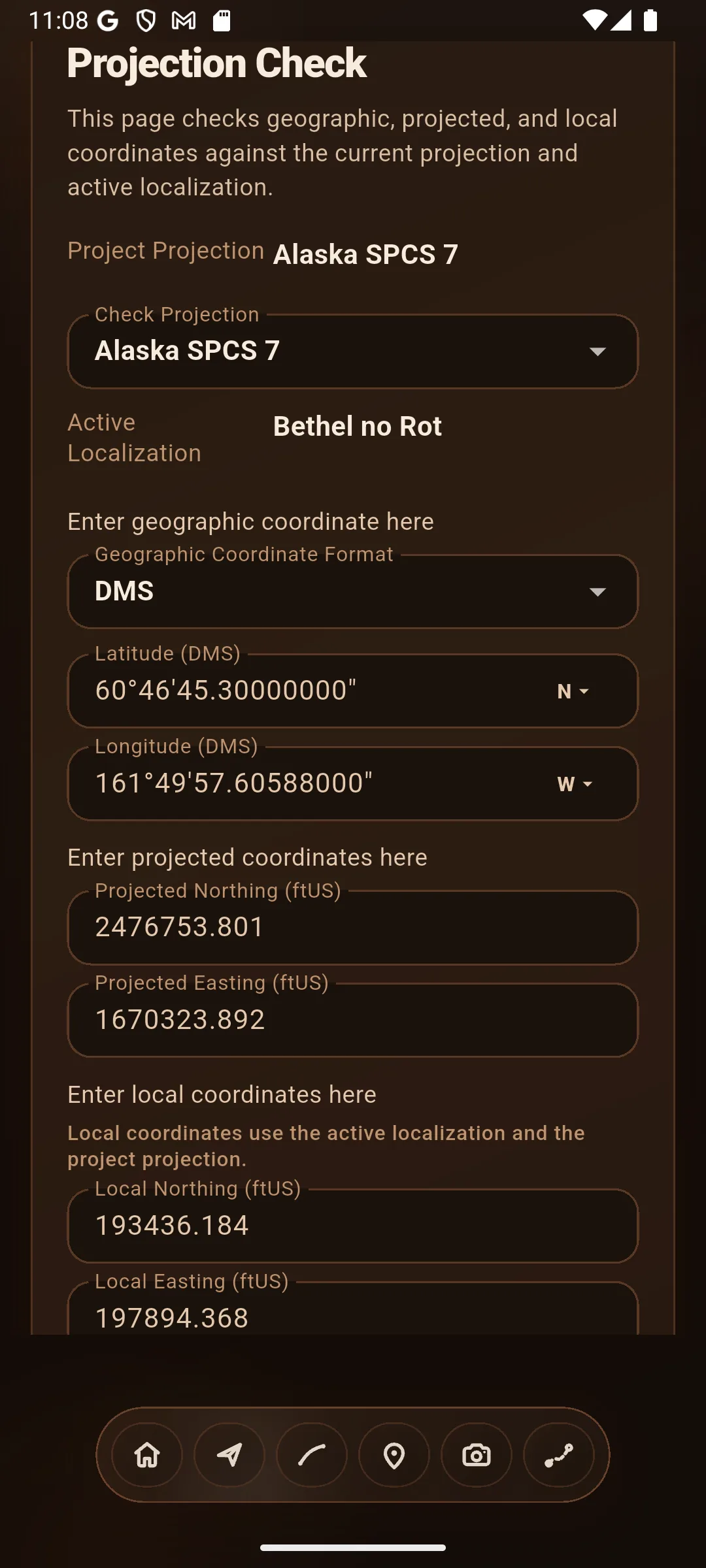 Projection Check coordinate verification screen