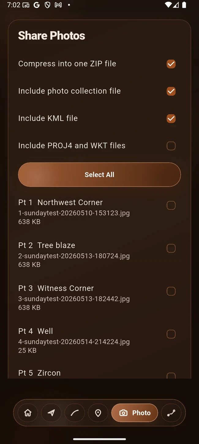 Photo sharing options including KML and ZIP workflow