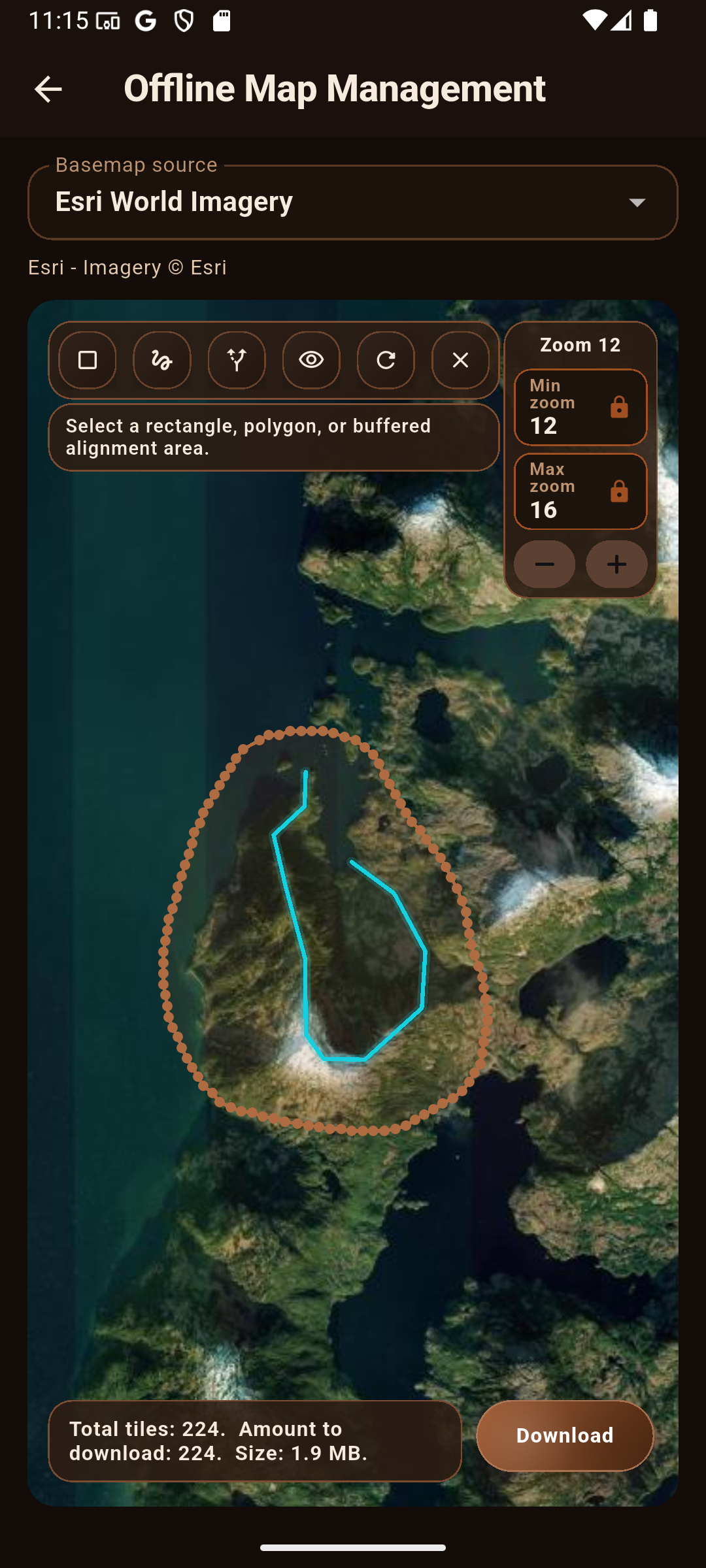 Offline map management screenshot